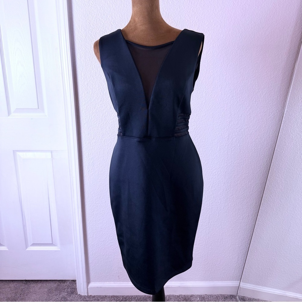 Enfocus Studio Navy Blue Sleeveless Pencil Dress Size 8 Fitted with Sheer Cutout - Picture 3 of 4